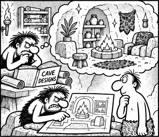 Bjorn studies a book titled “Cave Designs” and draws renovation plans while imagining a beautifully furnished cave. His friend watches.