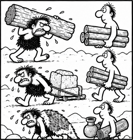 Three scenes show Bjorn sweating as he carries heavy logs, hauls stone blocks and works on the renovation, while his friend carries lighter supplies.