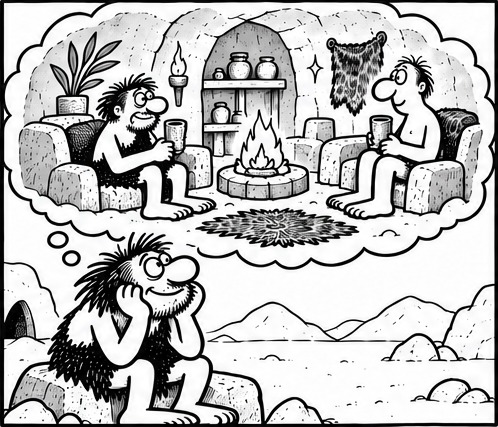 Bjorn smiles dreamily, imagining himself and his friend relaxing with drinks beside the fire in their newly renovated cave.