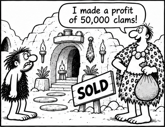 A SOLD sign stands outside the renovated cave. Wearing an extravagant fur cape and jewellery, the friend holds a bag of clams and announces, “I made a profit of 50,000 clams!” Bjorn stares in dismay.