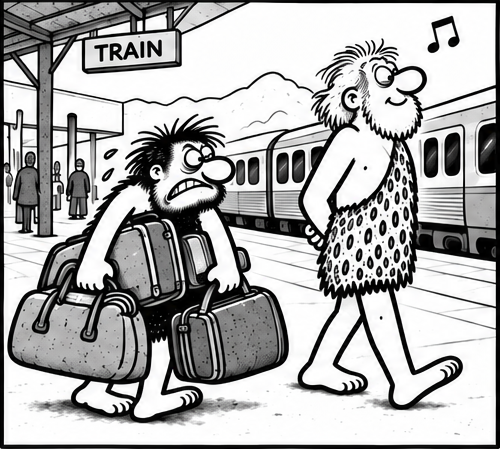 At a train station, Bjorn struggles under several suitcases while his older, light-haired friend strolls ahead cheerfully, whistling.
