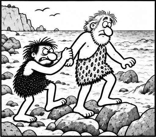 Bjorn holds his older friend steady as they cross a rocky beach, looking strained while the friend steps carefully between the stones.