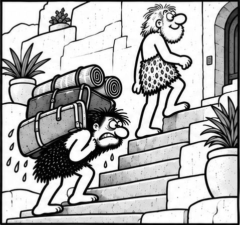 Bjorn carries a heavy stack of bags and rolled blankets up stone steps while his friend climbs ahead empty-handed.