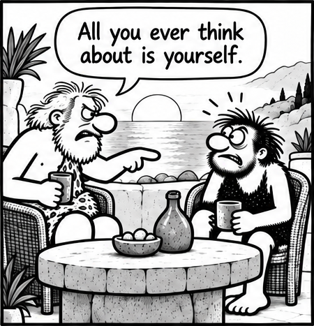The older friend points accusingly at Bjorn and says, “All you ever think about is yourself.” Bjorn looks hurt and confused.