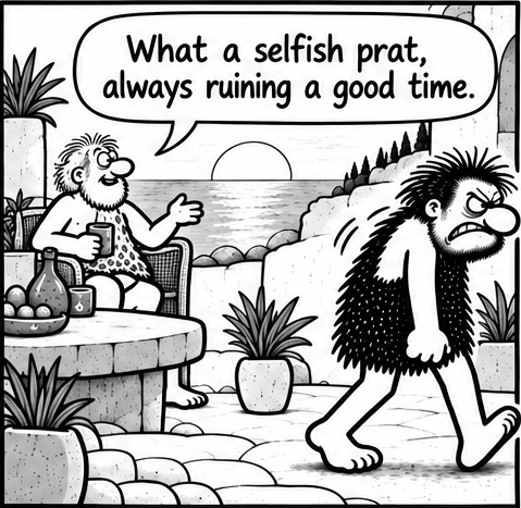 Bjorn storms away from the terrace. His older friend remains seated and declares, “What a selfish prat, always ruining a good time.”