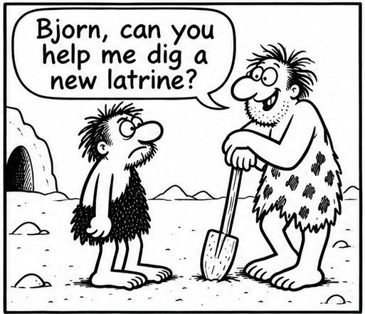 A smiling villager leans on a shovel and asks, “Bjorn, can you help me dig a new latrine?” Bjorn looks up at him.