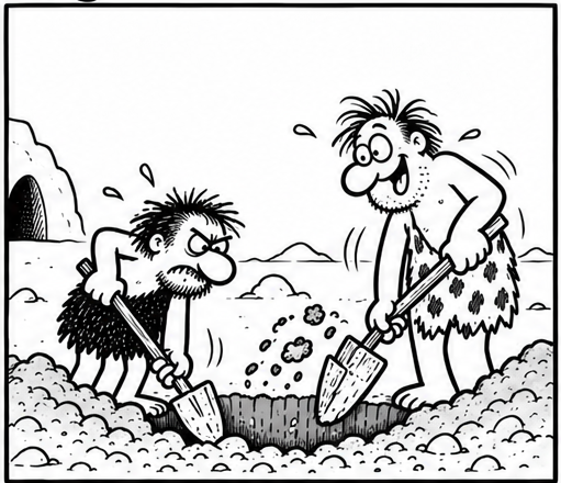 Bjorn and the villager dig the latrine together, sweating as they shovel dirt from the growing pit.