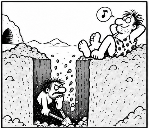The villager reclines at the edge of the pit, hands behind his head, whistling. Below him, Bjorn scowls as he continues digging alone.