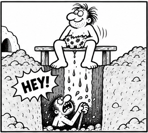 The villager sits on a wooden latrine seat spanning the pit and urinates onto Bjorn, who is still digging below. Bjorn looks up and shouts, “HEY!”