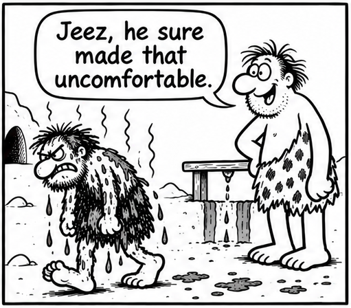 Bjorn trudges away, scowling, soaked and dripping, with wavy smell lines rising from him. The villager says, “Jeez, he sure made that uncomfortable.”