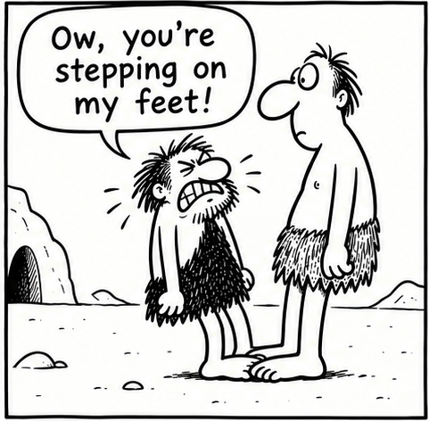 A tall villager stands on Bjorn’s feet. Bjorn winces and says, “Ow, you’re stepping on my feet!”