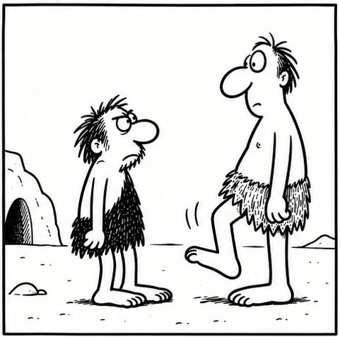 The villager lifts one foot while his other foot remains on Bjorn’s toes. Bjorn watches warily.
