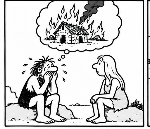 Bjorn sits crying with his face in his hands while a long-haired woman listens. Above him, a thought bubble shows his home burning.