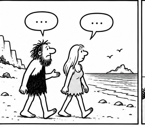 Bjorn and the woman walk together along a beach. Each has a speech bubble containing only an ellipsis, showing quiet conversation.