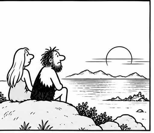Bjorn and the woman sit side by side on a bluff overlooking the water at sunset.