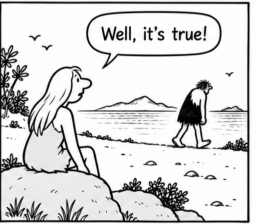 The woman remains seated and says, “Well, it’s true!” while Bjorn trudges away in the distance along the shore.